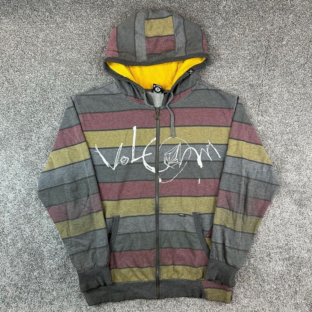 Volcom Men’s Striped Zip Hoodie - Gray, Maroon, Olive, Yellow Lined